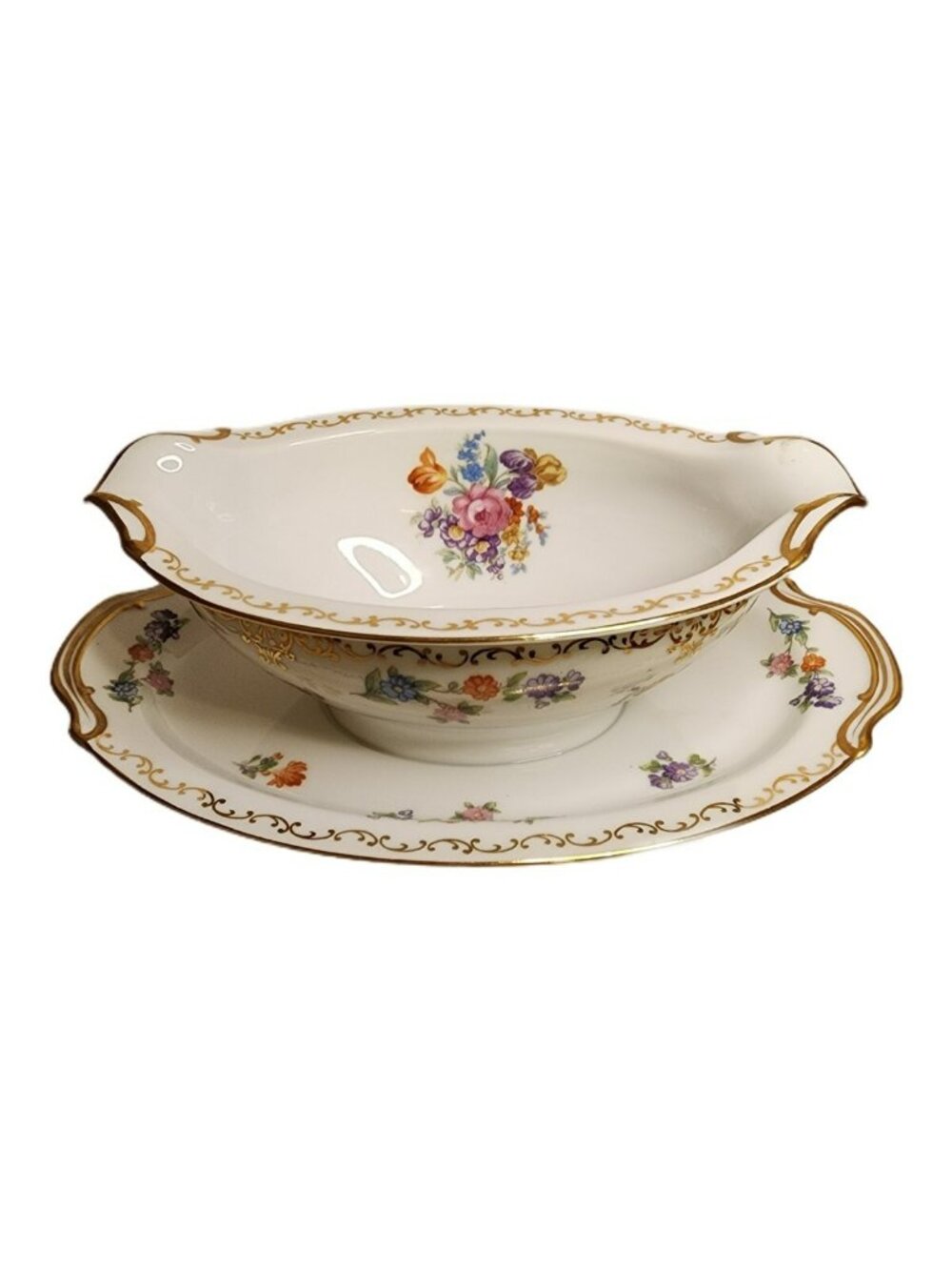 1940 Noritake Morimura Dresita Gravy Boat Attached Underplate Occupied Japan